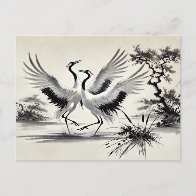 Courship Dance of Two Cranes in Marsh Chinese Vykort (Framsida)