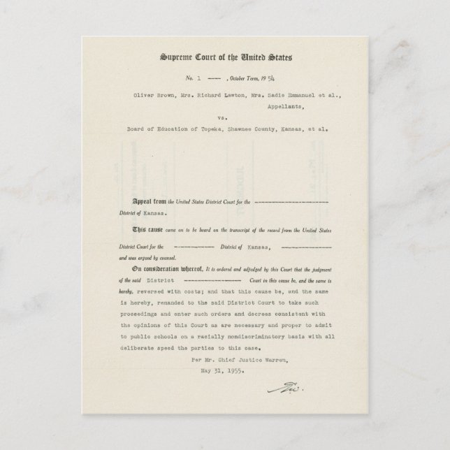 Court Fodral Brown mot Topeka:s utbildningsråd Vykort (Framsida)