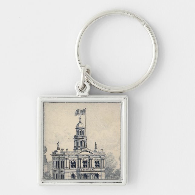Court House, Fresno Fyrkantig Silverfärgad Nyckelring (Framsidan)