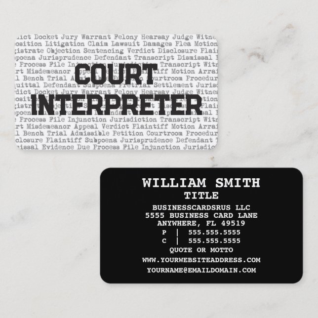Court Interpreter Legal Ord Affärskort Visitkort (Fram/baksida)