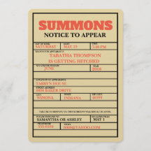 Court Summons Bachelorette-inbjudan
