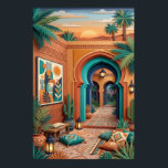 Courtyard Sunset Art - Boho Turquoise Arches Palm  Poster<br><div class="desc">Courtyard sunset with turquoise arches,  terracotta walls,  palm trees,  geometric wall art,  lanterns,  cactus plants,  woven cushions,  and patterned rugs. Exotic boho riads vibe under orange sunset glow. Perfect for boho living room,  bedroom,  global decor—high-res digital art print.

Transform your space with authentic courtyard sunset luxury.</div>