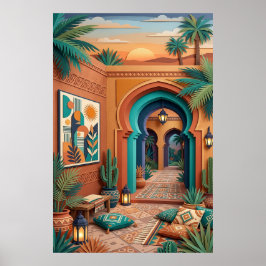 Courtyard Sunset Art - Boho Turquoise Arches Palm Poster