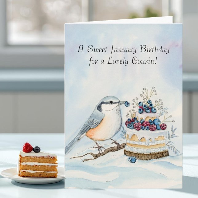Cousin Glad Januari Födelsedag Rödbröstad Fågel Kort (Skapare uppladdad)