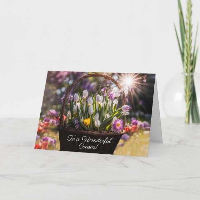 Cousin Happy Easter with Basket of Spring Bulbs  Kort (Framsida)