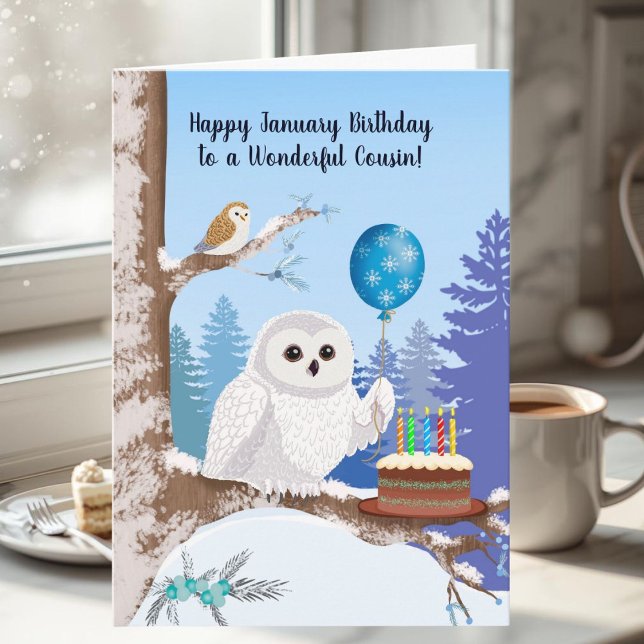 Cousin Happy January Birthday Snowy Owl Kort (Skapare uppladdad)