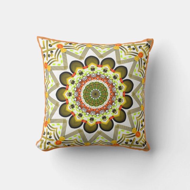 Coussin carré de ton orange, jaune, rouge Mandala Utomhuskudde (Framsida)