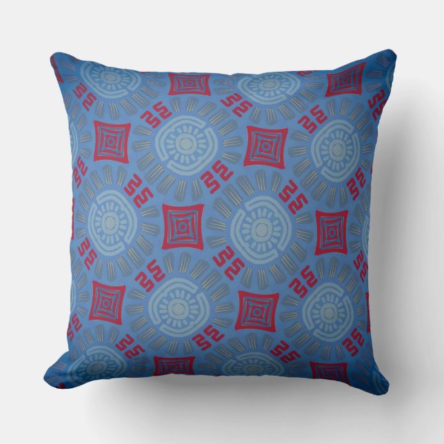 Coussin carré Jimette Design bleu rouge gris. Kudde (Framsida)