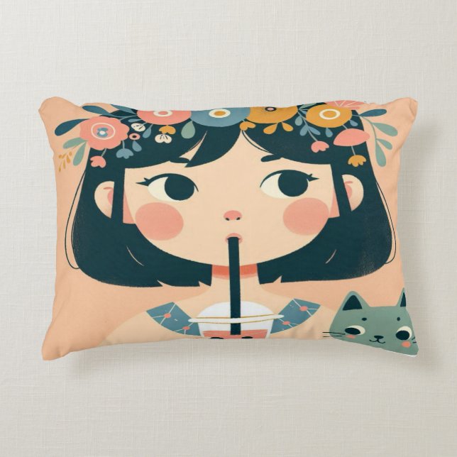 Coussin décoratif “La jeune fille au bubble tea“ Prydnadskudde (Framsidan)