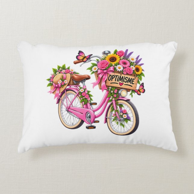 Coussin Floral « Optimisme » – Vélo Rose Fleuri et Prydnadskudde (Framsidan)