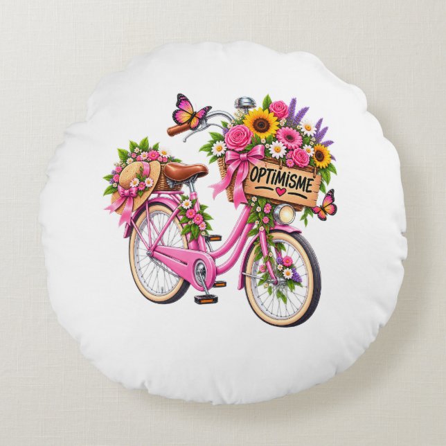 Coussin Floral « Optimisme » – Vélo Rose Fleuri et Rund Kudde (Framsidan)