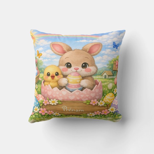 Coussin Personnalisé Prénom – Lapin et Poussin de  Kudde (Baksida)