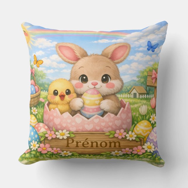Coussin Personnalisé Prénom – Lapin et Poussin de Kudde (Framsida)