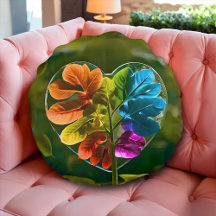 Coussin rond cœur feuille arc-en-ciel nature