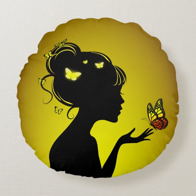 Coussins Ronds La femme papillons jaunes Rund Kudde (Framsidan)