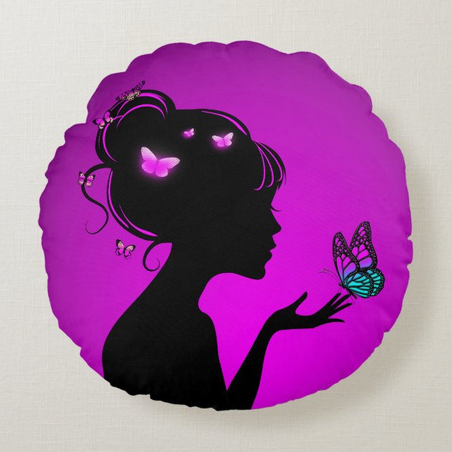 Coussins Ronds La femme papillons violets Rund Kudde (Framsidan)