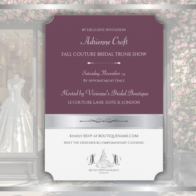 Couture Mulberry Bröllopsbutik Trunkshow Inbjudningar (Couture deep mulberry and silver trunk show invitation front template for luxury bridal shops.)