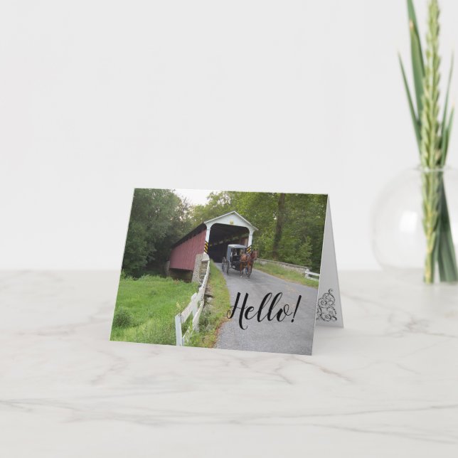 Covered Bridge Penn Amish Buggy Hello Note Card Kort (Framsida)