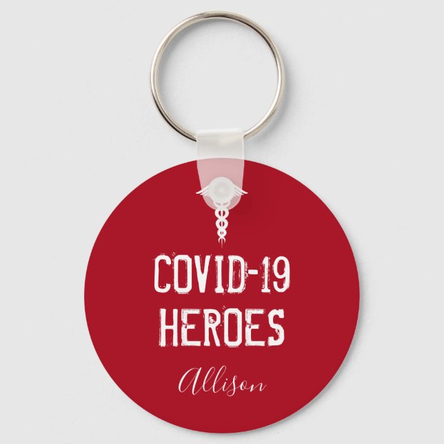 Covid 19 Heroes Red White Caduceus Personlig Nyckelring (Framsida)