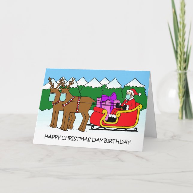Covid 19 juldagen Birthday Santa and Sleigh Kort (Framsida)
