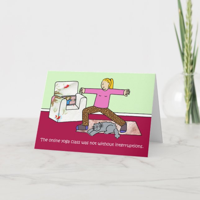 Covid 19 Onlineer Yoga Class Tecknad Humor Helgkort (Framsida)