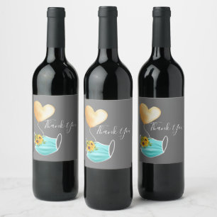 Covid Ansikte Mask & Flowers Tack Vinflaska Etikett