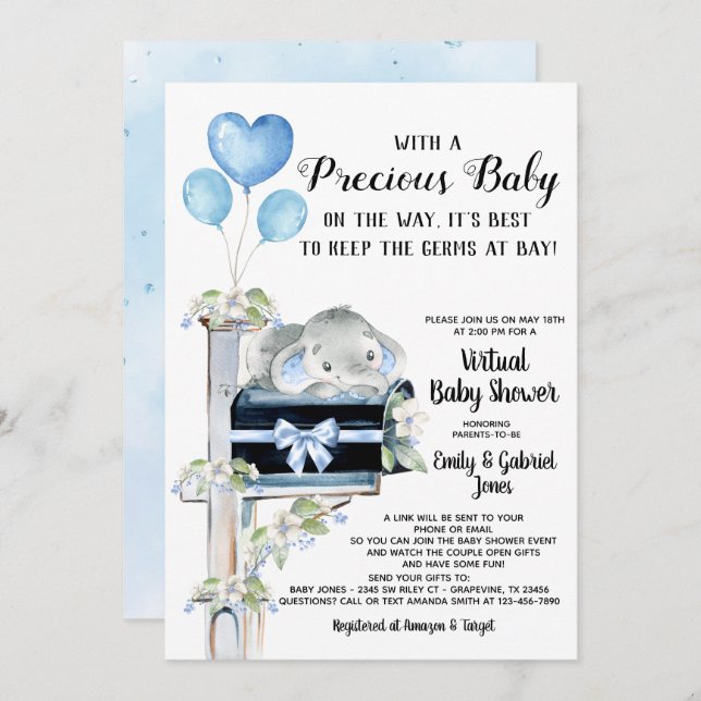 Covid Baby Shower Boy Elephant Inbjudningar (Fram/baksida)