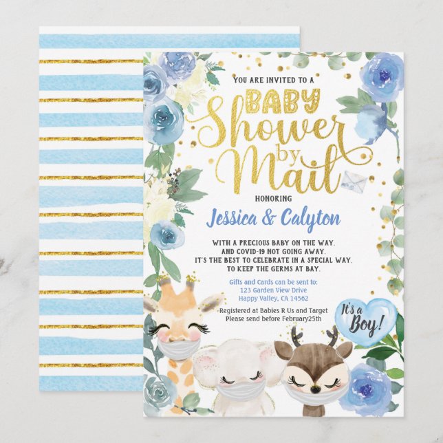 Covid Boy Shower by Mail Pandemic Woodland Animal Inbjudningar (Fram/baksida)