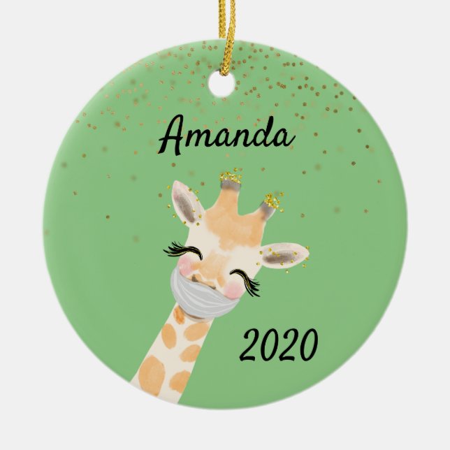 Covid Giraffe Wearing Ansikte Mask 2020 Julgransprydnad Keramik (Framsidan)
