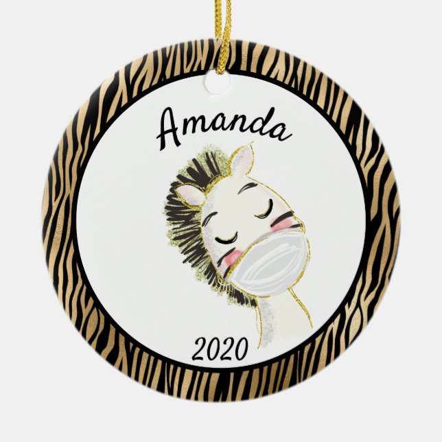 Covid Guld Zebra Wearing Ansikte Mask 2020 Julgransprydnad Keramik (Framsidan)