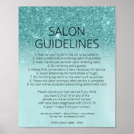 Covid Health Safety Teal Blue Glitter Hair Salon Poster