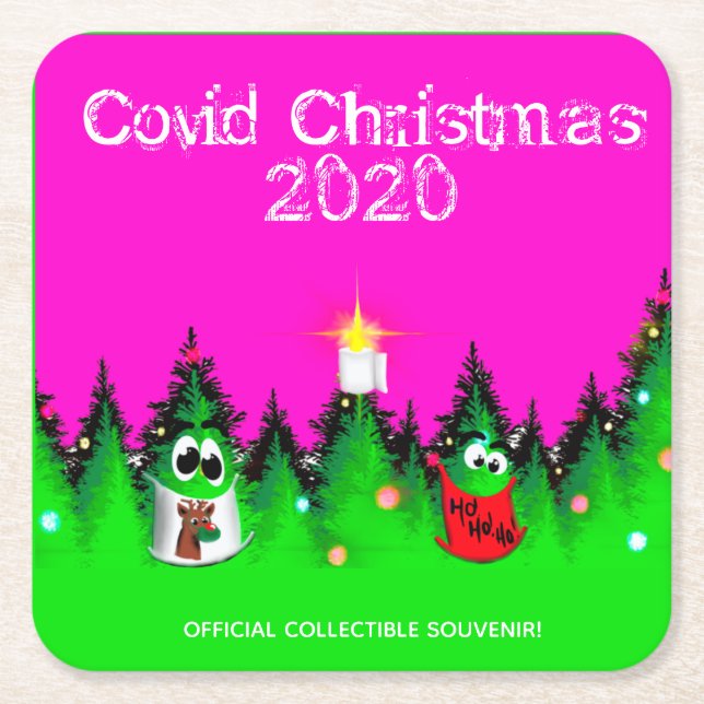 Covid jul, lustigt Julgranar med mask Underlägg Papper Kvadrat (Framsidan)