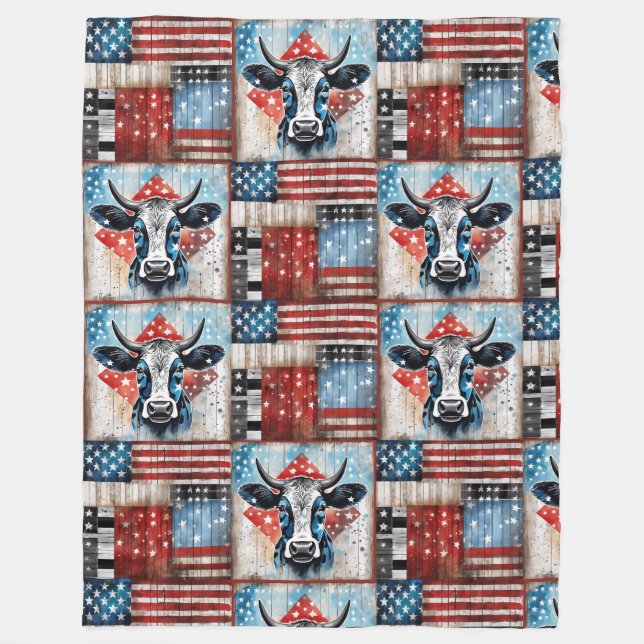 Cow American Flagga Folk Art Fleecefilt (Framsidan)
