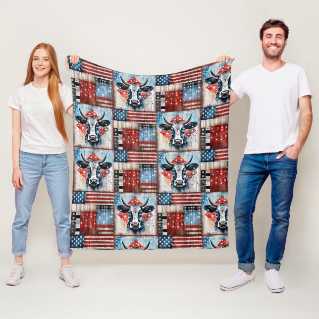Cow American Flagga Folk Art Fleecefilt (På plats)