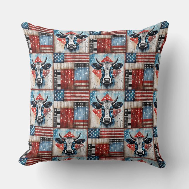 Cow American Flagga Folk Art Kudde (Framsida)
