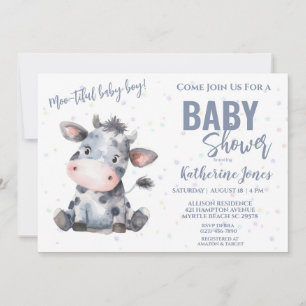 Cow Baby Shower Dusty Blue Boy Farm Inbjudningar