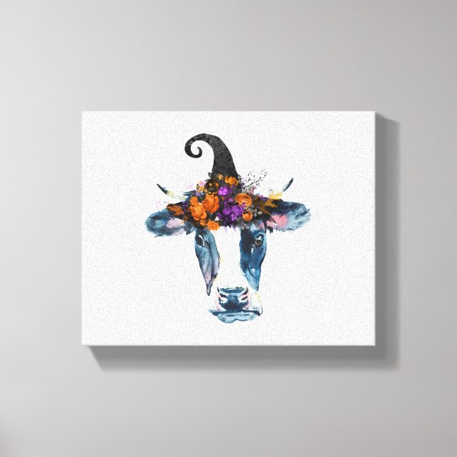 Cow Black White Halloween Witch Canvastryck (Framsida)
