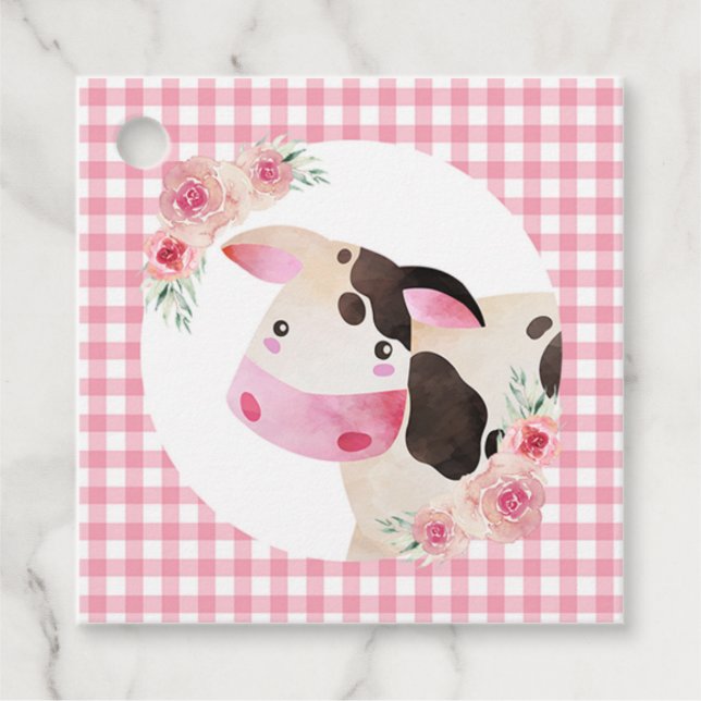 Cow Blommigt Rosa Gingham Boskap Tack Gåvor Etiketter (Framsida)