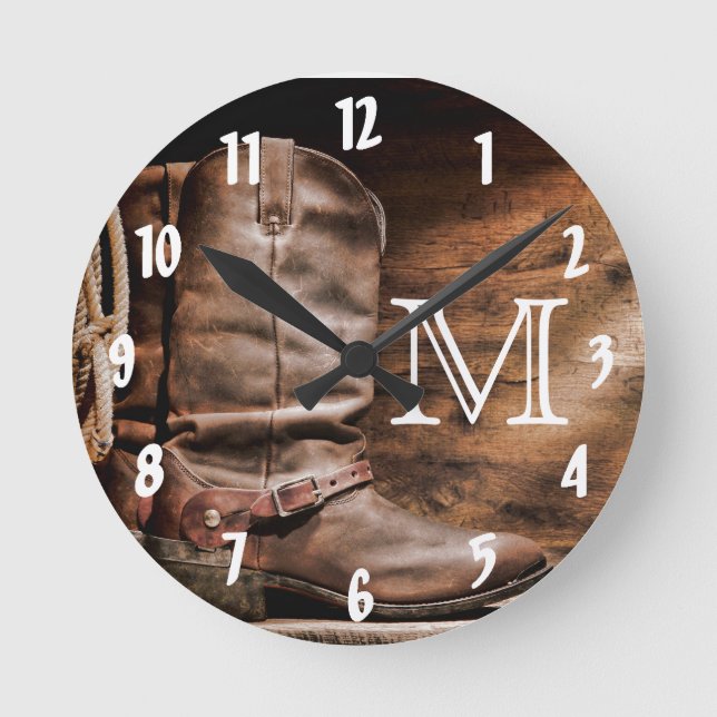 Cow Boy Boots Spur Cou Monogram Initial Wall Clock Rund Klocka (Framsida)