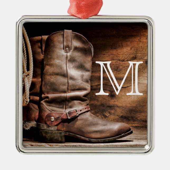 Cow Boy Boots Spur Count Monogram Initial Ornamal Julgransprydnad Metall (Framsidan)