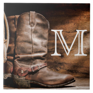 Cow Boy Boots Spur Land Monogram Visning Tile Kakelplatta
