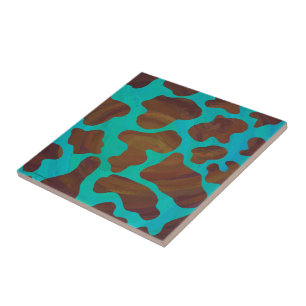 Cow Brown och Teal Print Kakelplatta