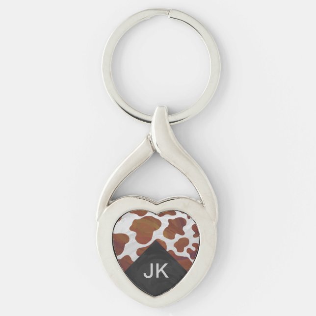Cow Brown och White Monogram Twisted Heart Silverfärgad Nyckelring (Framsidan)