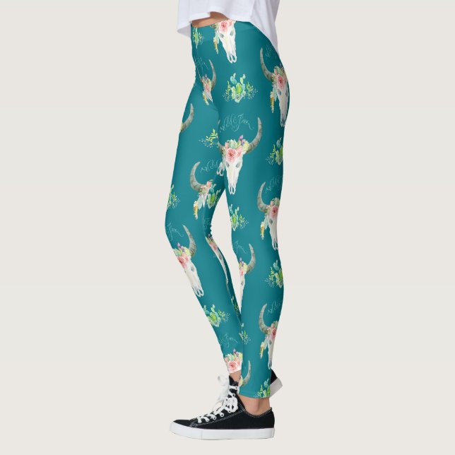 Cow Buffalo Skull Boho Bohemian Cactus Desert Art Leggings (Vänster)