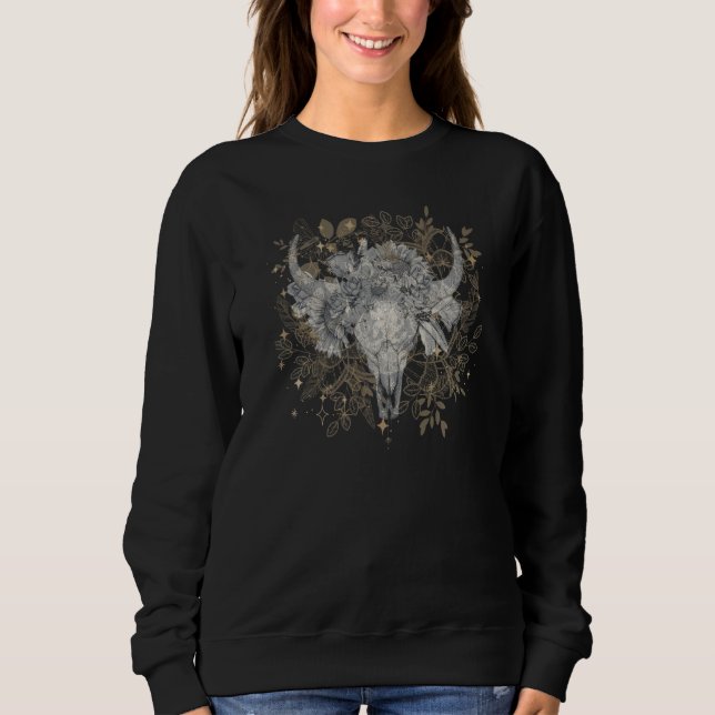 Cow Bull Skull Head Western Fairy Grunge Flower Go T Shirt (Framsida)