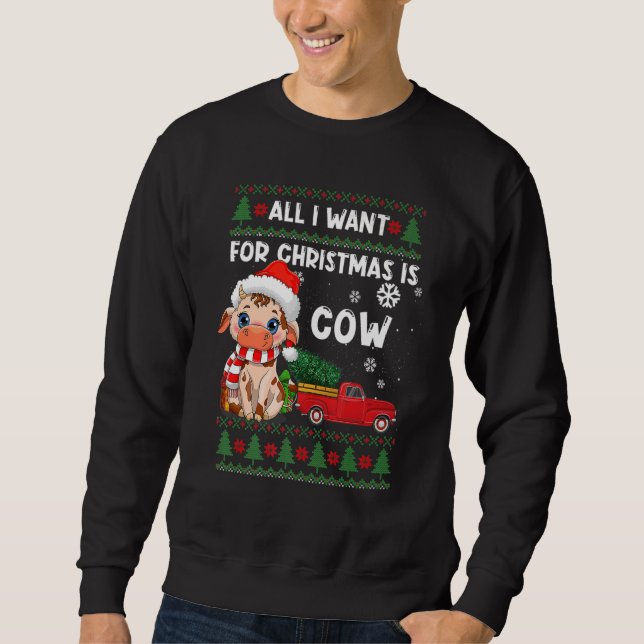 Cow  Cute Cow Santa Hat Ugly Christmas Sweater Lång Ärmad Tröja (Framsida)