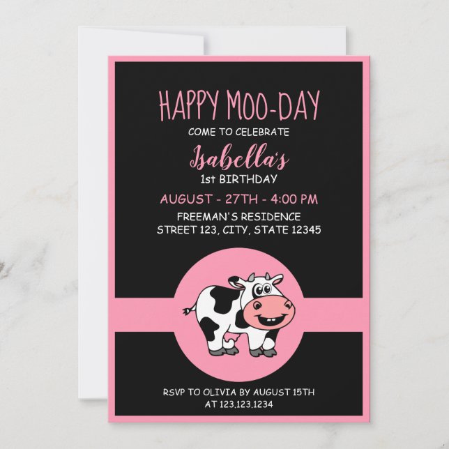 Cow Cute Farm Animal ThLED Girl 1 Birth Day Inbjudningar (Framsida)