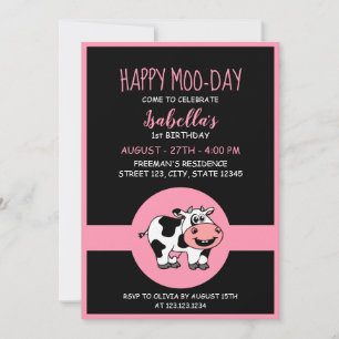 Cow Cute Farm Animal ThLED Girl 1 Birth Day Inbjudningar