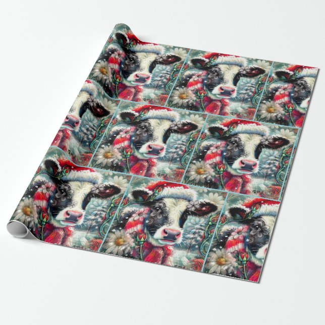 Cow Dreaming of Warmer Times Floral Decoupage Presentpapper (Utrullad)