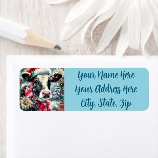 Cow Dreaming of Warmer Times Floral Personalized Returadress Etikett (Insitu)